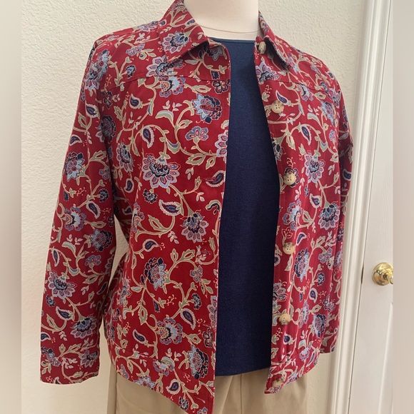 Haymaker XL, dark red, blue, green, tan floral pattern denim jacket - Picture 6 of 15